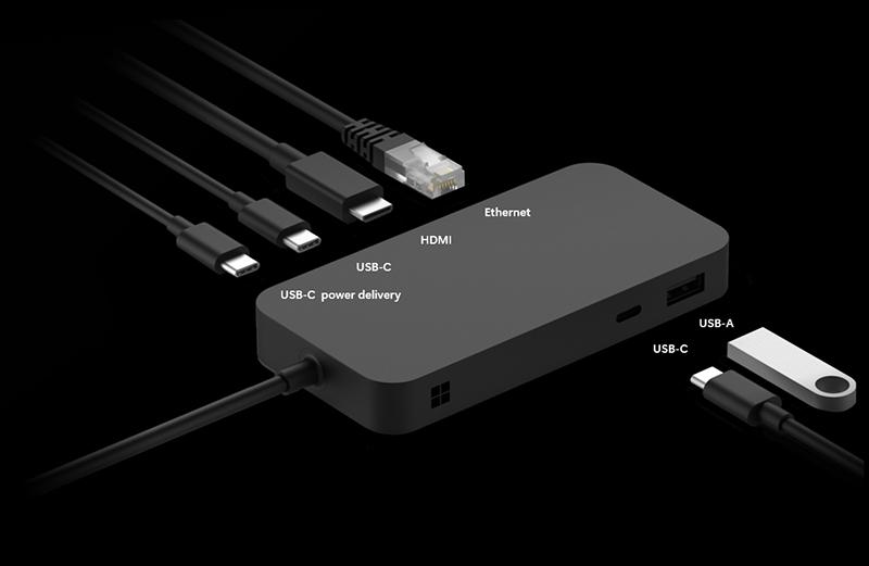 Isometric image of Microsoft Surface USB4 dock with labeled ports.